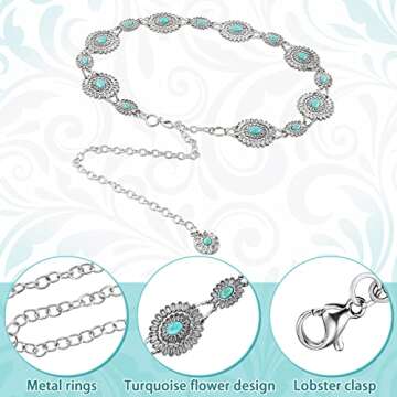 Newtay 4 Pieces Women Turquoise Chain Belt Concho Belts Adjustable Western Metal Waist Chain Belt for Jeans Dresses (Classic Style), Black, White, Red and Green