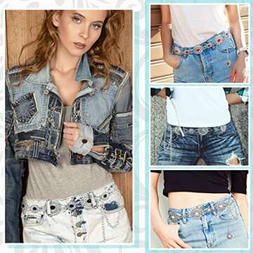 Newtay 4 Pieces Women Turquoise Chain Belt Concho Belts Adjustable Western Metal Waist Chain Belt for Jeans Dresses (Classic Style), Black, White, Red and Green