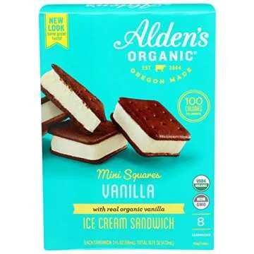 Aldens Organic Vanilla Mini Square Ice Cream Sandwiches - 8 Count - Delicious & Guilt-Free Treats