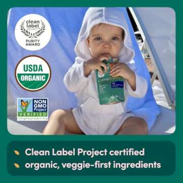 Cerebelly Organic Baby Food Pouches – 6+ Months | Clean Label Project Certified | 16 Nutrients, No Added Sugar, Non-GMO | Toddler Pouches | 4 Ounce BPA-Free Pouches | Organic Veggies Variety Pack