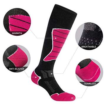 CelerSport 2 Pack Women's Ski Socks for Skiing, Snowboarding, Cold Weather, Winter Performance Socks, Rose Red, Small