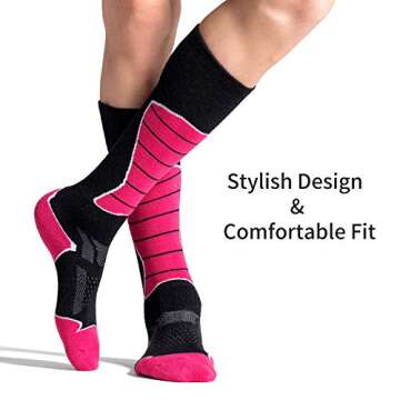 CelerSport 2 Pack Women's Ski Socks for Skiing, Snowboarding, Cold Weather, Winter Performance Socks, Rose Red, Small