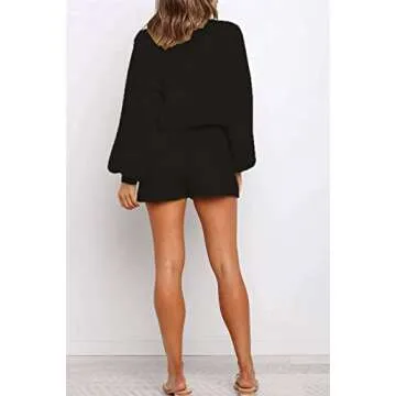 Saeklia Women's Cozy 2 Piece Outfits Lounge Pajamas Sets Long Sleeve Knit Tops and Shorts Sweatsuits Workout Sleepwear Set - Black S