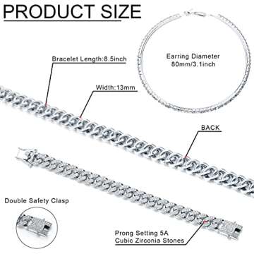 Batiyeer Link Chain Necklace Bracelet Rhinestone Earrings Bling Necklace Bracelet Crystal Big Circle Earring for Women(Silver, 24 Inch)