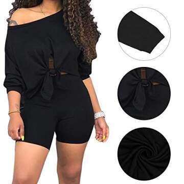 FANDEE Womens 2 Piece Outfits 3/4 Sleeve Tie up Top Biker Short Sets Off Shoulder Summer Tracksuits Clubwear Black Large