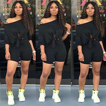 FANDEE Womens 2 Piece Outfits 3/4 Sleeve Tie up Top Biker Short Sets Off Shoulder Summer Tracksuits Clubwear Black Large