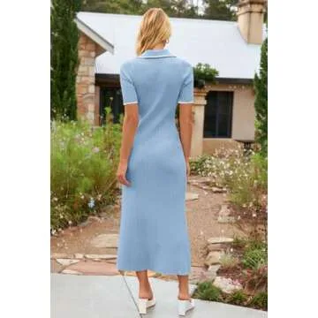 MEROKEETY Women's V Neck Ribbed Knit Maxi Dress Button Short Sleeve Slim Fit Bodycon Sweater Dress, Blue, Medium