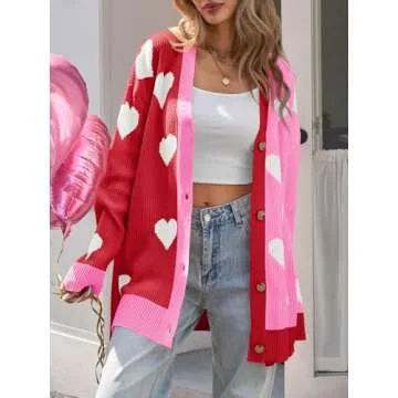 Saodimallsu Womens Heart Cardigan Sweaters Valentines Oversized Winter Color Block Button Up Cute Ribbed Sweater Coats
