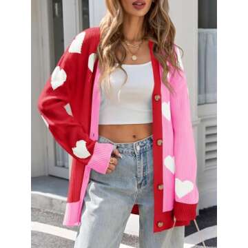 Saodimallsu Womens Heart Cardigan Sweaters Valentines Oversized Winter Color Block Button Up Cute Ribbed Sweater Coats
