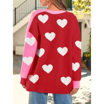 Saodimallsu Womens Heart Cardigan Sweaters Valentines Oversized Winter Color Block Button Up Cute Ribbed Sweater Coats