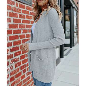 MEROKEETY Women's 2025 Fall Open Front Waffle Knit Cardigan Long Sleeve Cozy Knit Sweaters with Pockets, LightGrey, Medium
