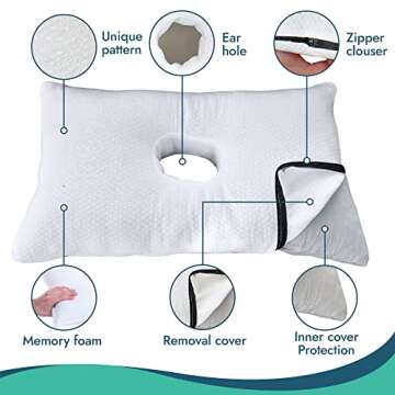 Holey Pillows Ergonomic Firm Memory Foam Ear Pillow with Ear Hole | 50x30cm | for Side Sleepers, Ear...