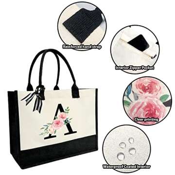 Waterproof Canvas Tote Bag with Printed letter, Personalized Gifts for Women Mom Friends Teachers, Premium Beach Bags with Zipper -A(Black)