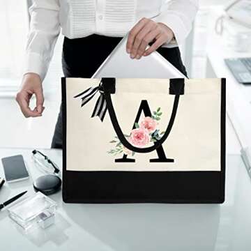 Waterproof Canvas Tote Bag with Printed letter, Personalized Gifts for Women Mom Friends Teachers, Premium Beach Bags with Zipper -A(Black)