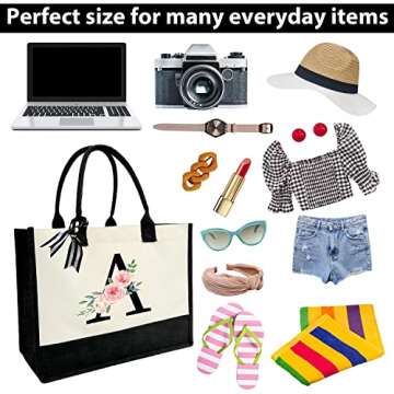 Waterproof Canvas Tote Bag with Printed letter, Personalized Gifts for Women Mom Friends Teachers, Premium Beach Bags with Zipper -A(Black)