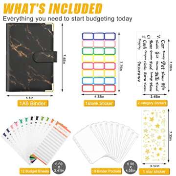 DOMUUH Budget Binder with Zipper Envelopes & Expense Budget Sheets, Money Binder with Cash Envelopes for Budgeting and Saving Money, Money Organizer for Cash (Marble Black