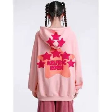 Aelfric Eden Womens Graphic Hoodies Pink Star Print Hoodie Unisex Oversized Hoodies Long Sleeve Pocket Pullover