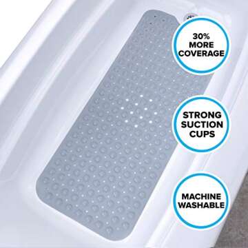SlipX Solutions Power Grip Extra Long Bath Tub & Shower Mat 39x16, Wet Floor Non-Slip for Elderly & Kids Bathroom, 30% Longer Bathtub Mats, 200 Suction Cups, Drain Holes (1, Gray)