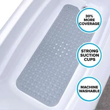 SlipX Solutions Power Grip Extra Long Bath Tub & Shower Mat 39x16, Wet Floor Non-Slip for Elderly & Kids Bathroom, 30% Longer Bathtub Mats, 200 Suction Cups, Drain Holes (1, Gray)