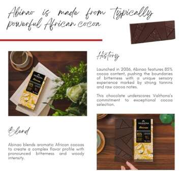 Valrhona Premium Extra Dark Chocolate ABINAO 85% Cacao Tasting Bars - Gourmet French Chocolate Perfect for Eating and Baking and Frostings, Cookies, Cakes, and Brownies. Kosher, 70g (Pack of 3)