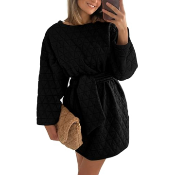 PRETTYGARDEN Women's Long Sleeve Dresses Spring Fall Casual Short Belted Dress Trendy Quilted Outfit...