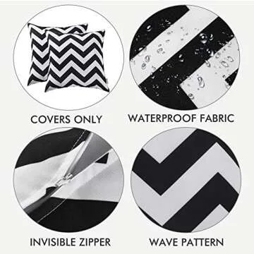 WESTERN HOME WH Pack of 2 Decorative Outdoor Waterproof Throw Pillow Covers Square Pillowcases Wave Pattern Cushion Covers Shell for Couch Patio Garden Tent Park 18 x 18 Inch Black