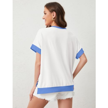 Ymejia Women's Oversized Color Block Tops Short Sleeve Side Split High Low Hem Trendy Loose Fit Y2k Summer Tee Tops 2024 White