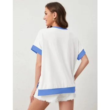 Ymejia Women's Oversized Color Block Tops Short Sleeve Side Split High Low Hem Trendy Loose Fit Y2k Summer Tee Tops 2024 White