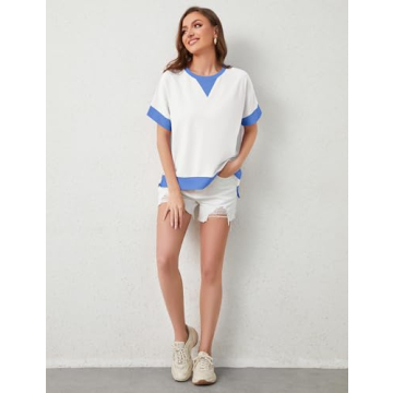 Ymejia Women's Oversized Color Block Tops Short Sleeve Side Split High Low Hem Trendy Loose Fit Y2k Summer Tee Tops 2024 White
