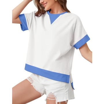 Ymejia Women's Oversized Color Block Tops Short Sleeve Side Split High Low Hem Trendy Loose Fit Y2k Summer Tee Tops 2024 White