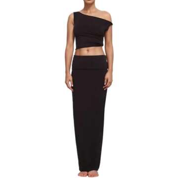 FAIMILORY off the shoulder tummy control dresses maxi skirt and crop top bodycon sexy summer 2 piece long skirt matching sets women going out outfit (M, Black)
