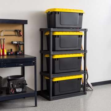 IRIS USA WeatherPro 21 Gallon Lockable Storage Bins with Lids, 4 Pack - Made in USA, Heavy Duty, Stackable Containers, Garage Organizing Tubs, Rugged Sturdy Equipment Utility Box - Black/Yellow