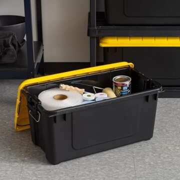 IRIS USA WeatherPro 21 Gallon Lockable Storage Bins with Lids, 4 Pack - Made in USA, Heavy Duty, Stackable Containers, Garage Organizing Tubs, Rugged Sturdy Equipment Utility Box - Black/Yellow