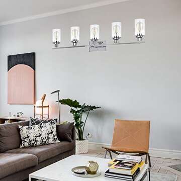MELUCEE Modern Vanity Lights for Bathroom 5 Lights Chrome Finish with Clear Glass Shade, Contemporary Metal Wall Light Fixtures for Dressing Table Mirror Cabinets (Patent No.: US D963914 S)