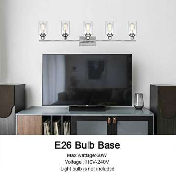 MELUCEE Modern Vanity Lights for Bathroom 5 Lights Chrome Finish with Clear Glass Shade, Contemporary Metal Wall Light Fixtures for Dressing Table Mirror Cabinets (Patent No.: US D963914 S)