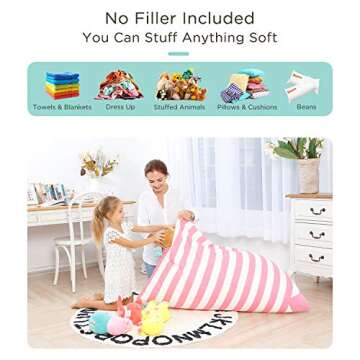 Aubliss Stuffed Animal Storage Bean Bag Chairs Cover, 50"x 35" Extra Large Bean Bags Chair for Kids & Adults, Beanbag Toy Storage for Boys Girls - Premium Cotton Canvas Pink Stripe