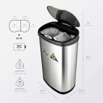 NINESTARS Touchless Motion Sensor Trash Can - 13 Gal