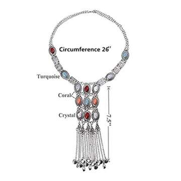 BOLERPE Vintage Retro Rhinestone Silver Turquoise Long Boho Bohemian Statement Ethnic Tribal Necklace for Women