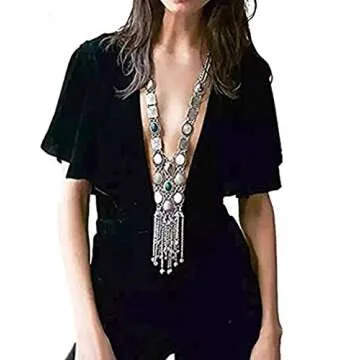 BOLERPE Vintage Retro Rhinestone Silver Turquoise Long Boho Bohemian Statement Ethnic Tribal Necklace for Women