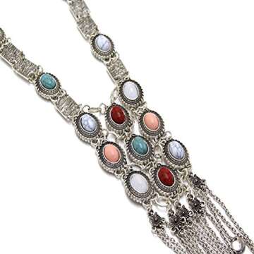 BOLERPE Vintage Retro Rhinestone Silver Turquoise Long Boho Bohemian Statement Ethnic Tribal Necklace for Women
