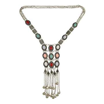 BOLERPE Vintage Retro Rhinestone Silver Turquoise Long Boho Bohemian Statement Ethnic Tribal Necklace for Women