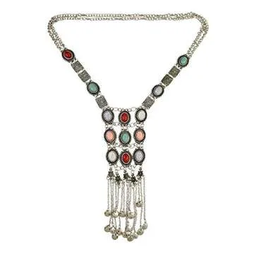 BOLERPE Vintage Retro Rhinestone Silver Turquoise Long Boho Bohemian Statement Ethnic Tribal Necklace for Women