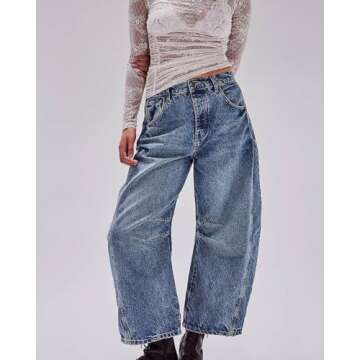 AIZIYOO Barrel Jeans for Women Wide Leg Mid Rise Barrel Denim Ankle Pants Y2k Baggy Boyfriend Jeans with Pockets