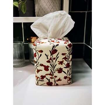 Fabric Tissue Box Cover Square, Vintage Floral Print Corduroy Tissue Holder, Bouquet Wrapping Bag 4.4"X4.4"X5.1", Creamy White