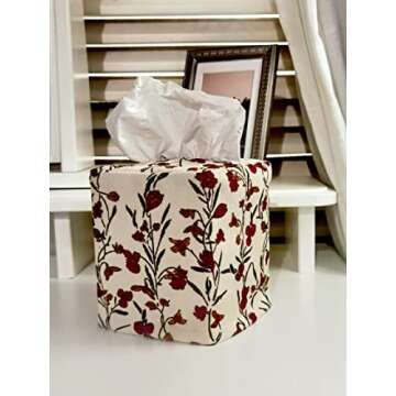 Fabric Tissue Box Cover Square, Vintage Floral Print Corduroy Tissue Holder, Bouquet Wrapping Bag 4.4"X4.4"X5.1", Creamy White