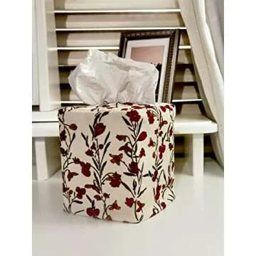 Fabric Tissue Box Cover Square, Vintage Floral Print Corduroy Tissue Holder, Bouquet Wrapping Bag 4.4"X4.4"X5.1", Creamy White