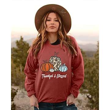 KIDDAD Thankful Blessed Sweatshirt Womens Thanksgiving Shirt Cute Leopard Pumpkin Pullover Shirt Casual Fall Long Sleeve Tops