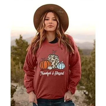 KIDDAD Thankful Blessed Sweatshirt Womens Thanksgiving Shirt Cute Leopard Pumpkin Pullover Shirt Casual Fall Long Sleeve Tops