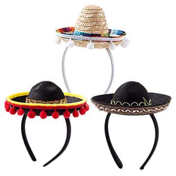 3Pcs Cinco De Mayo Sombrero Headband, Fiesta Sombrero Party Hats with Ball Fringe Decoration for Car...