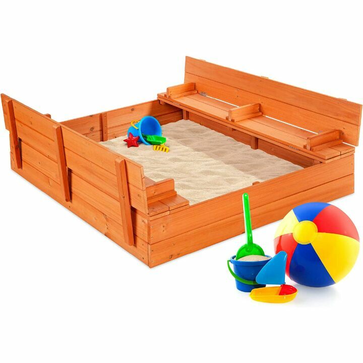 47x47in Wooden Kids Sandbox with Benches and Liner